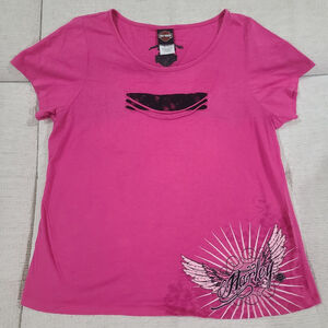 Harley Davidson Motorcycle Womens Hot Pink Fitted T-shirt Size 1X Angel Wings